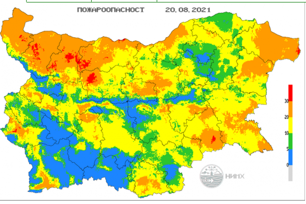 Екстремален индекс за пожароопасност в 8 области в страната