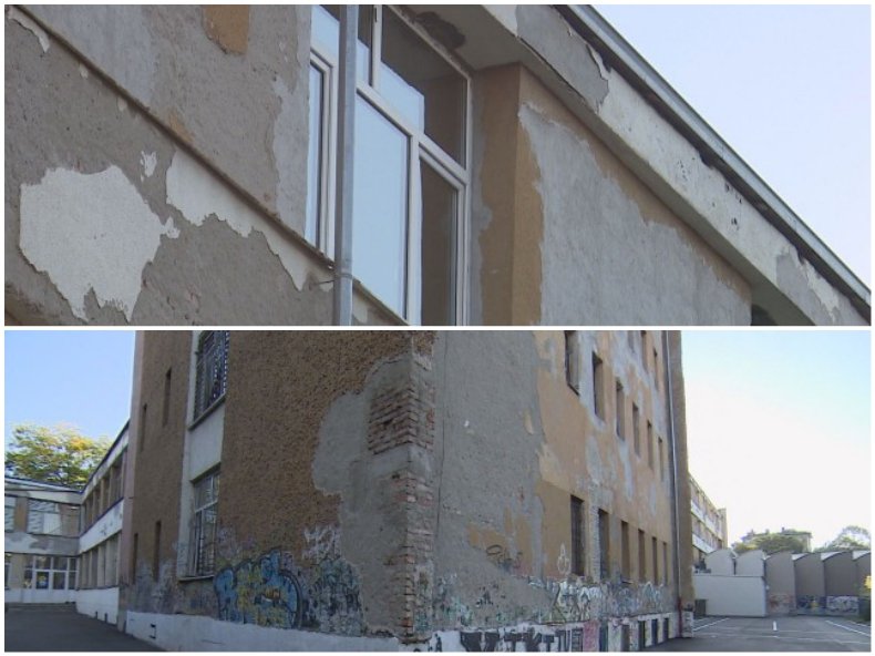 НУЖДА ОТ СПЕШЕН РЕМОНТ: Опасна мазилка пада от фасадата на столичното 35 СЕУ