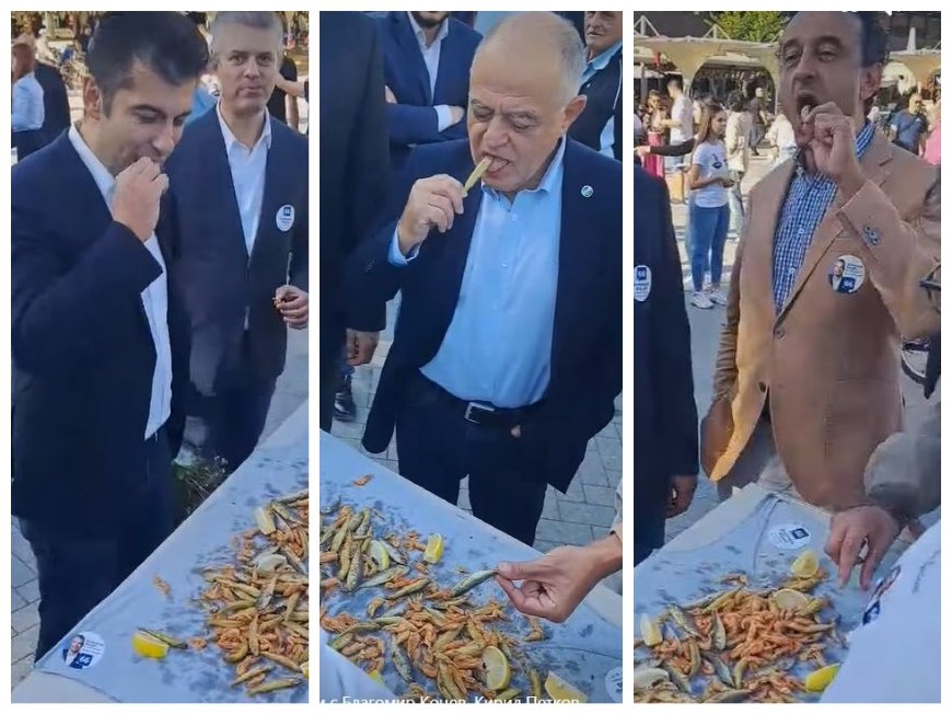 ПРЕДИЗБОРНА ЛАКОМИЯ: Киро, Лорер и ген. Атанасов на безплатен обяд с варненска цаца - вижте как налитат на деликатеса (ВИДЕО/СНИМКИ)