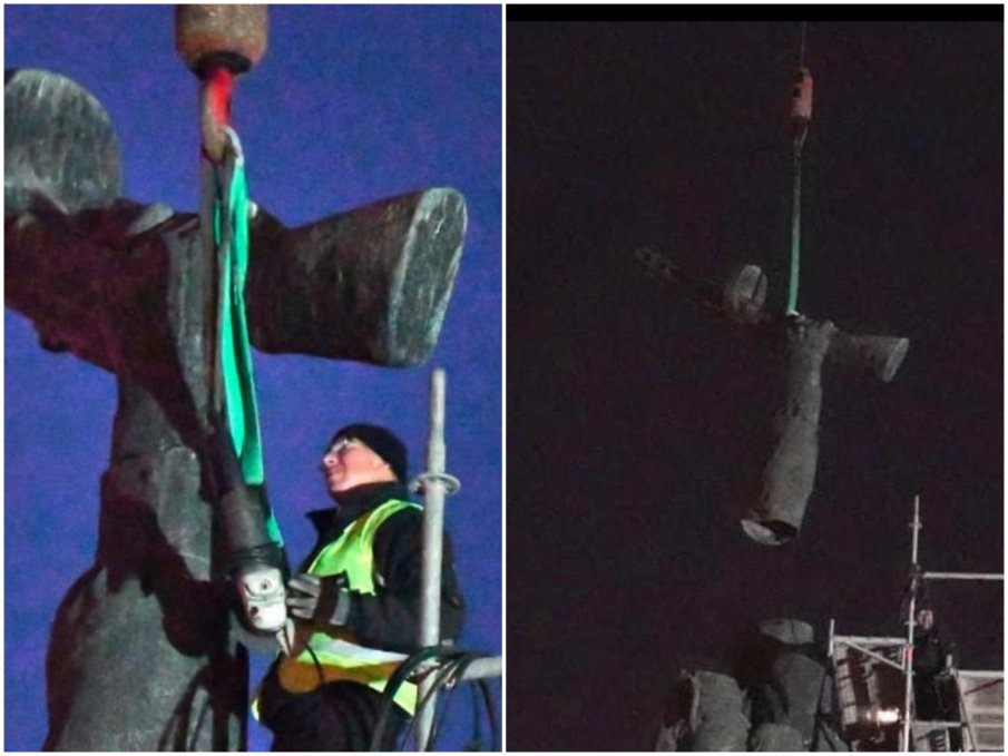 ПО КЪСНА ДОБА! Започна демонтажът на Паметника на Съветската армия - отрязаха с флекс най-високата фигура (СНИМКИ)