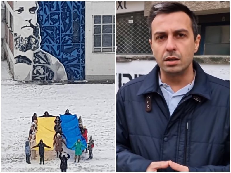 НОВ СКАНДАЛ! Учители изкараха на снега деца да веят украинското знаме и да скандират: Слава Украйна