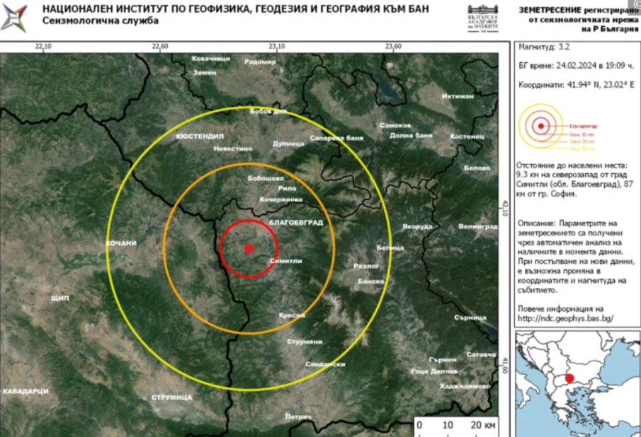 Земетресение с магнитуд 3,2 по Рихтер люшна край Симитли