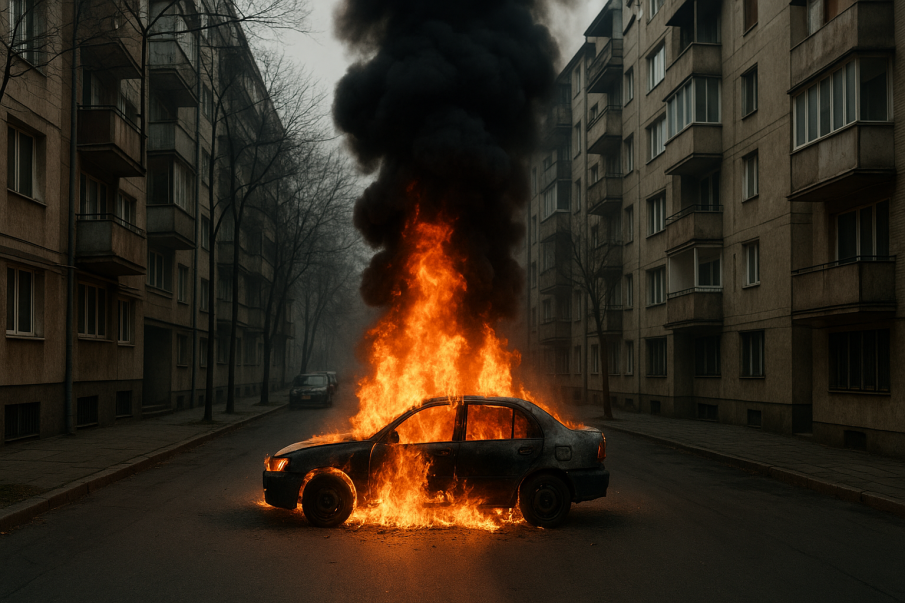 Кола избухна в пламъци между блокове в центъра на Велико Търново