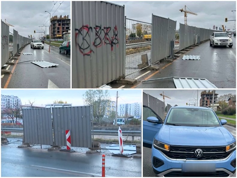 Предпазни огради от изкоп за метрото се откъснаха и удариха движеща се кола