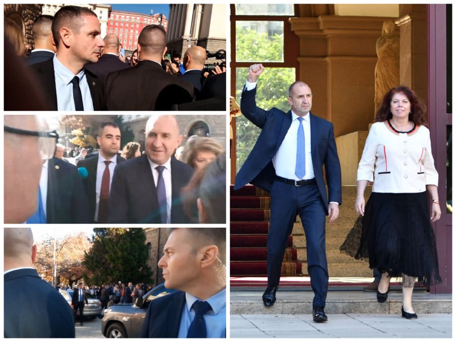 ЦИРК НА ДОНДУКОВ 2: 10 костюмари от НСО пазят Радев от ПИК на официалната промоция на Партията на Шкодата (ВИДЕО)