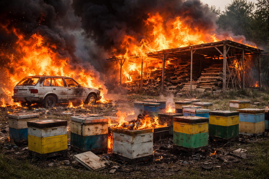 Пожар унищожи кола, дървен материал и кошери в Режанци