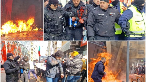 ЕКШЪН В ЦЕНТЪРА НА СОФИЯ: Огън, бомби и кървавочервена боя на протеста на Възраждане за лева. Има пострадали полицаи (СНИМКИ)