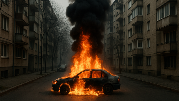 Кола избухна в пламъци между блокове в центъра на Велико Търново