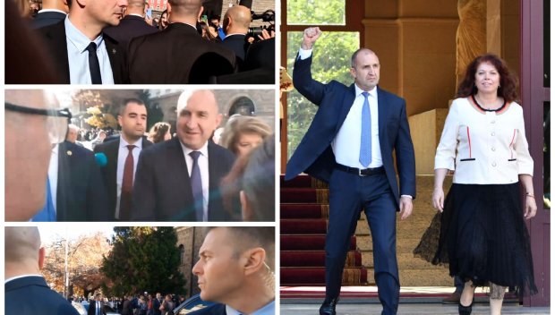 ЦИРК НА ДОНДУКОВ 2: 10 костюмари от НСО пазят Радев от ПИК на официалната промоция на Партията на Шкодата (ВИДЕО)